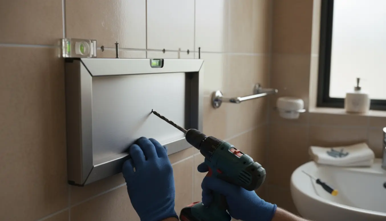 Vægmontering af metal puslebord i flisebadeværelse med hænder, der skrue tre tæt placerede skruer i flisefugen.