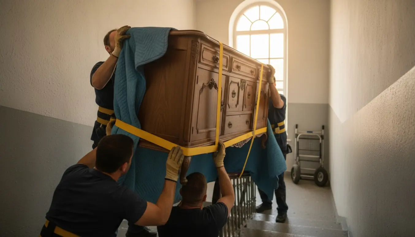 Flere personer bærer en tung træskænk op ad en trappe i en opgang med tæpper og løfteseler.