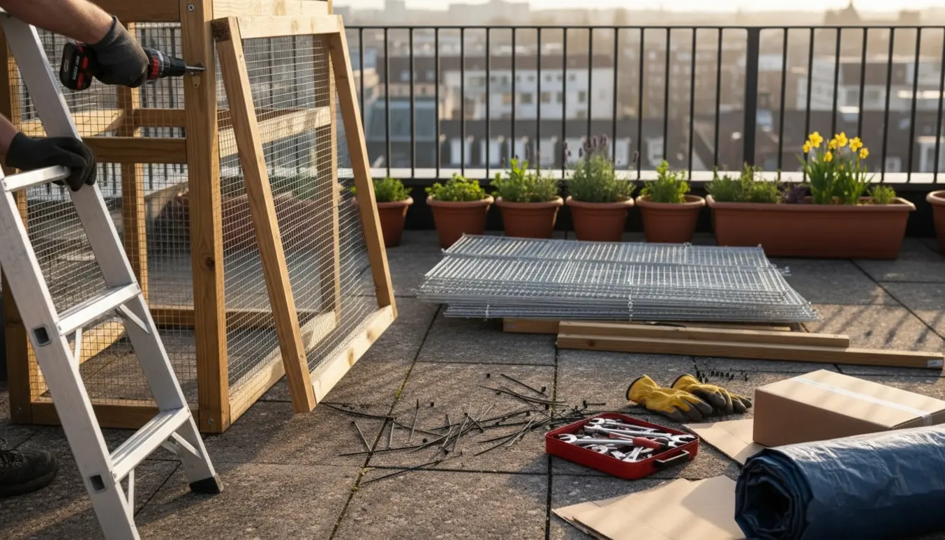 Hænder på en stige fjerner et wire-netpanel fra en kattevoliere på en tagterrasse med værktøj og stablerede paneler i baggrunden.