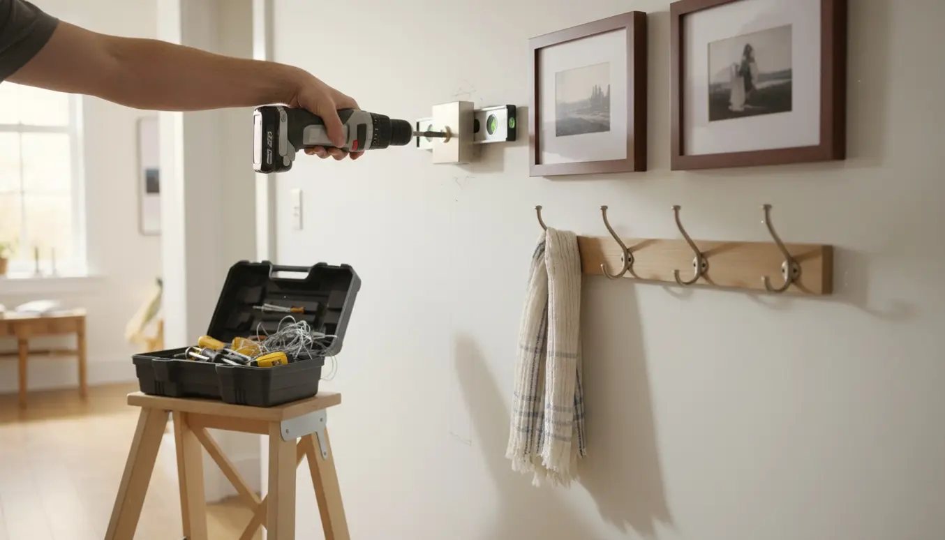 Nærbillede af hænder, der monterer en væglampe med værktøj og opsatte billeder og knager i en lys gang.