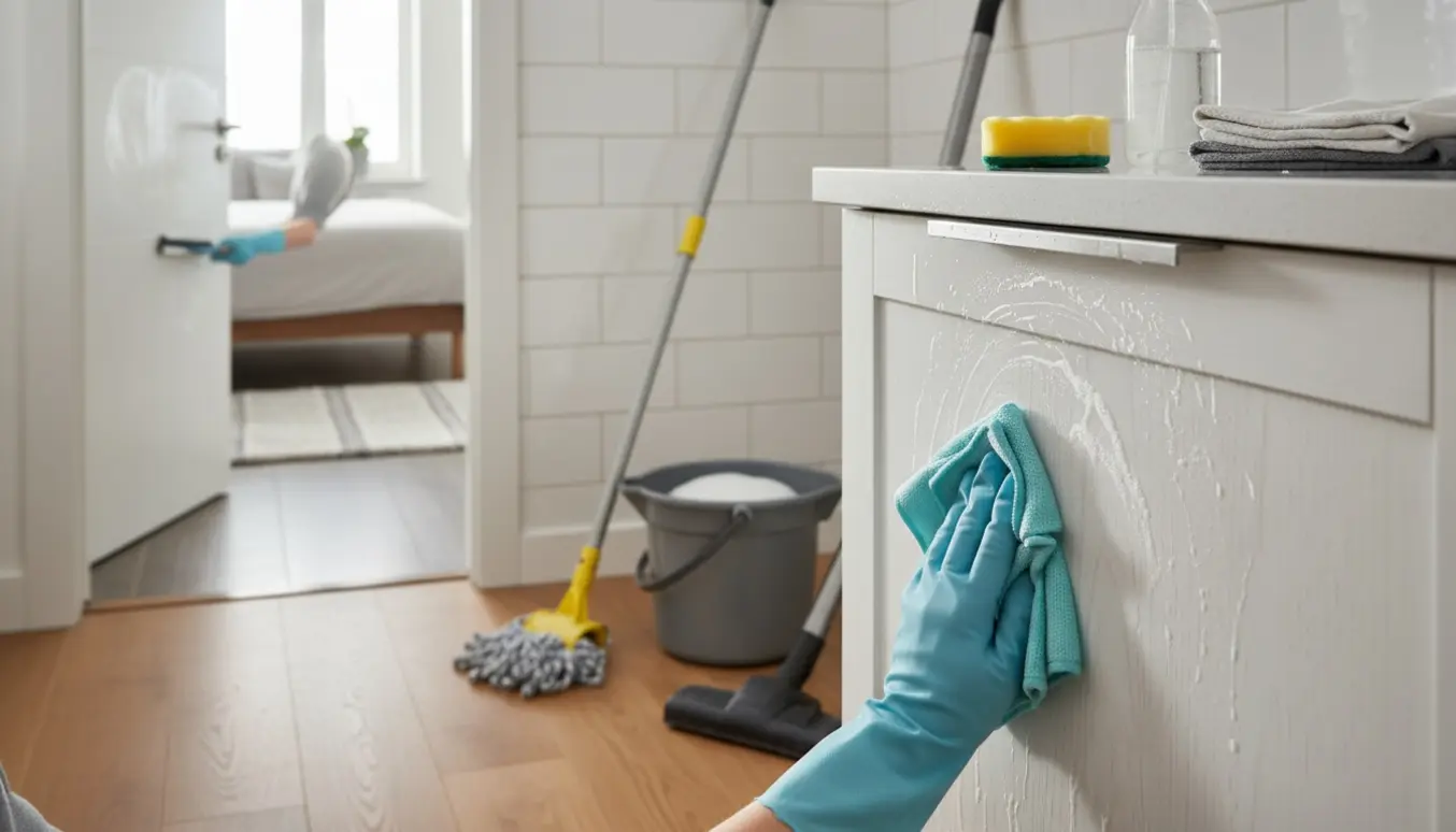 Hænder i gummihandsker tørrer et køkkenskab af, mens moppe, støvsuger og blanke badeværelsesfliser ses i et lyst hjem.