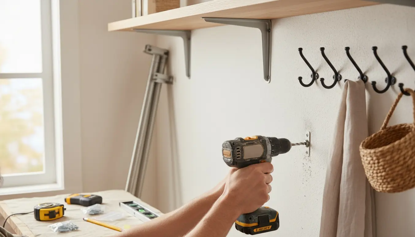 Nærbillede af hænder, der monterer en træhylde med metalknægte og to rækker knager med boremaskine og rawlplugs.