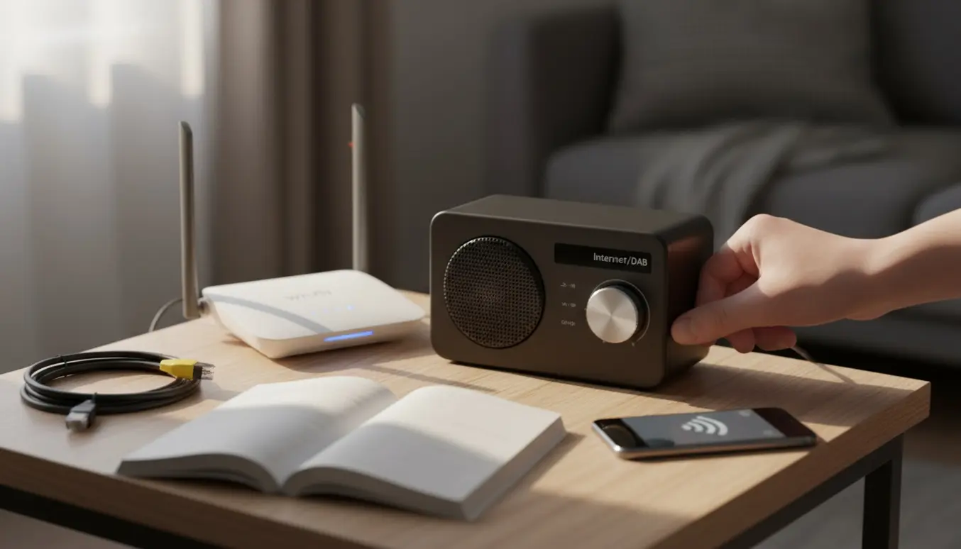 Bordradio ved siden af en moderne router, smartphone og manual klar til trådløs opsætning.