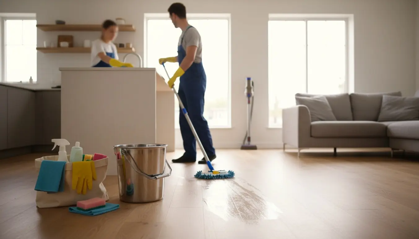 Rengøring i en lys lejlighed med moppe, spand og rengøringsmidler i dagslys.