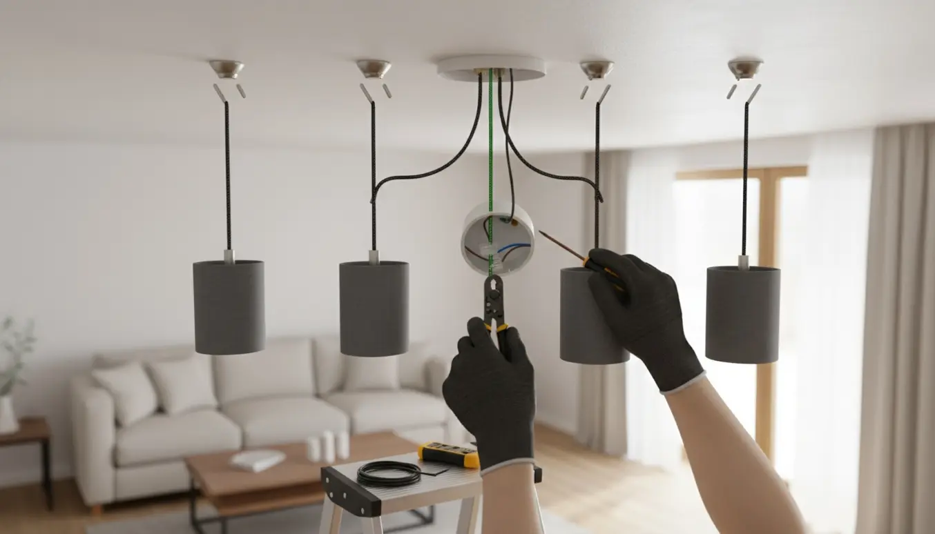 Nærbillede af hænder i isolerede handsker, der tilslutter fire loftlamper i et moderne rum med værktøj og ophængskroge.
