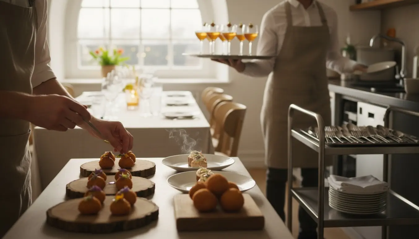 Cateringspersoner i forklæder anretter snacks og serverer velkomstdrinks ved et elegant bord, mens opvask og rydning pågår i baggrunden.