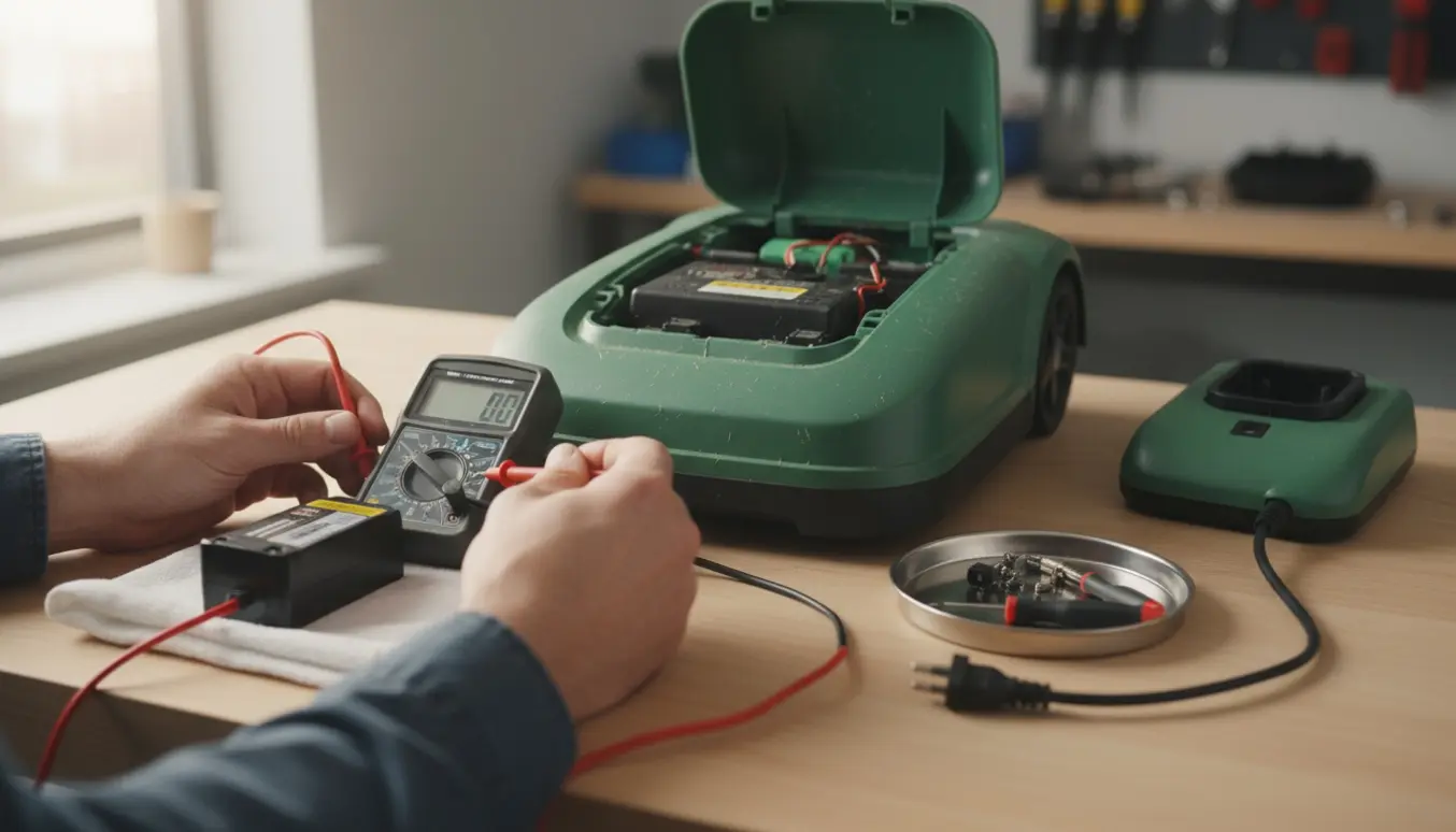 Hænder måler batteriet fra en robotplæneklipper på et værkstedsbord med multimeter og oplader ved siden af.