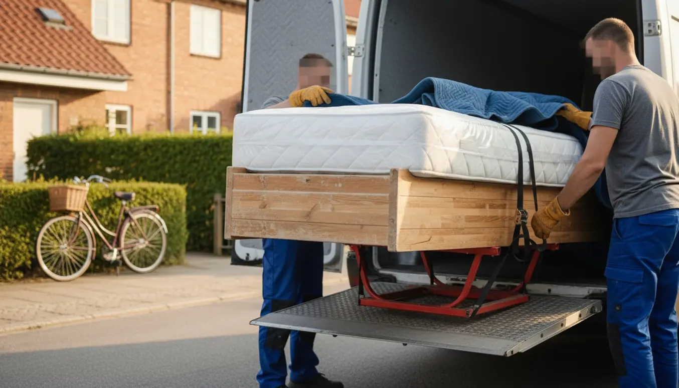 En seng og madrasser læsses ind i en flyttevogn på en rolig forstadsgade.