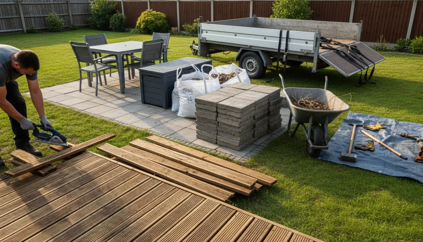 Borttagning af træterrasse og fliseterrasse i baghaven med stablede brædder, stentegl og trailer klar til bortkørsel.