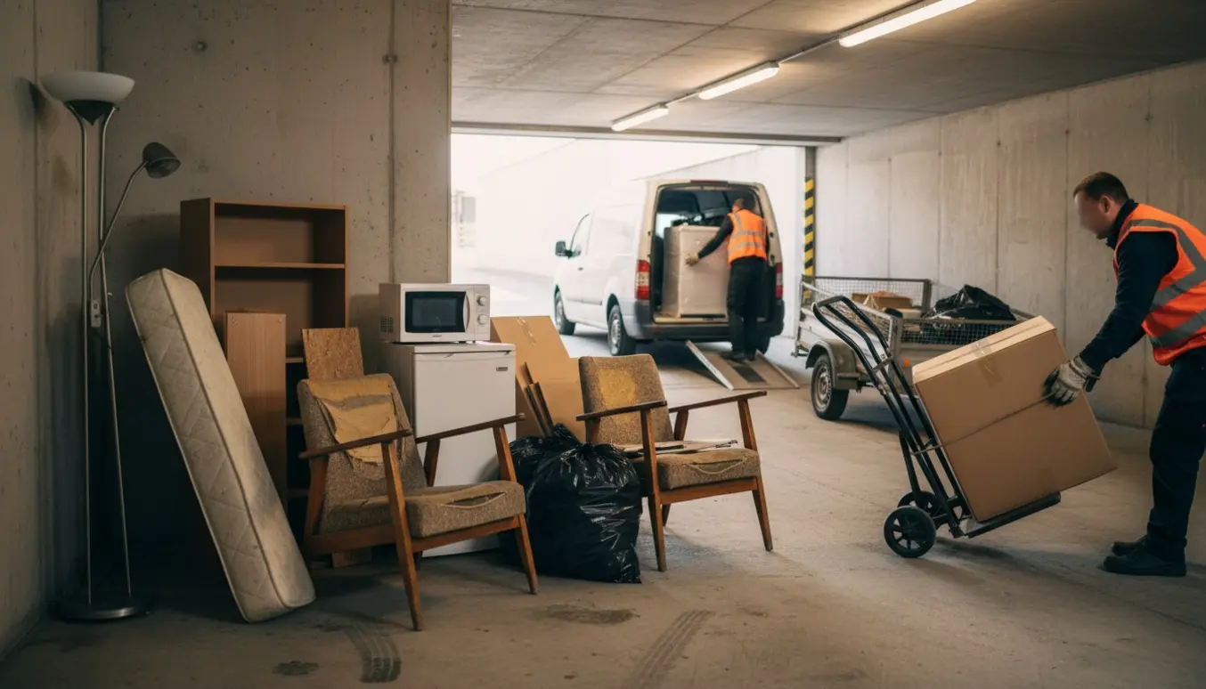 Bagerste vinkel af tømning af et storskraldsrum, hvor blandet affald løftes ind i en lav varebil ved p-kælderens indkørsel.