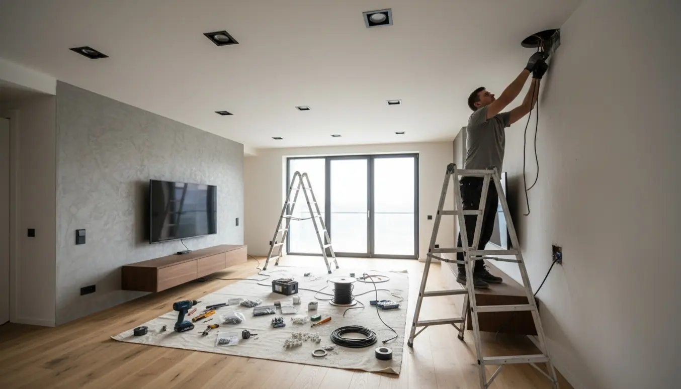 Montør på stige forbinder en loftslampe, mens to vægmonterede fjernsyn får et koaksialkabel ført til antennestikket.