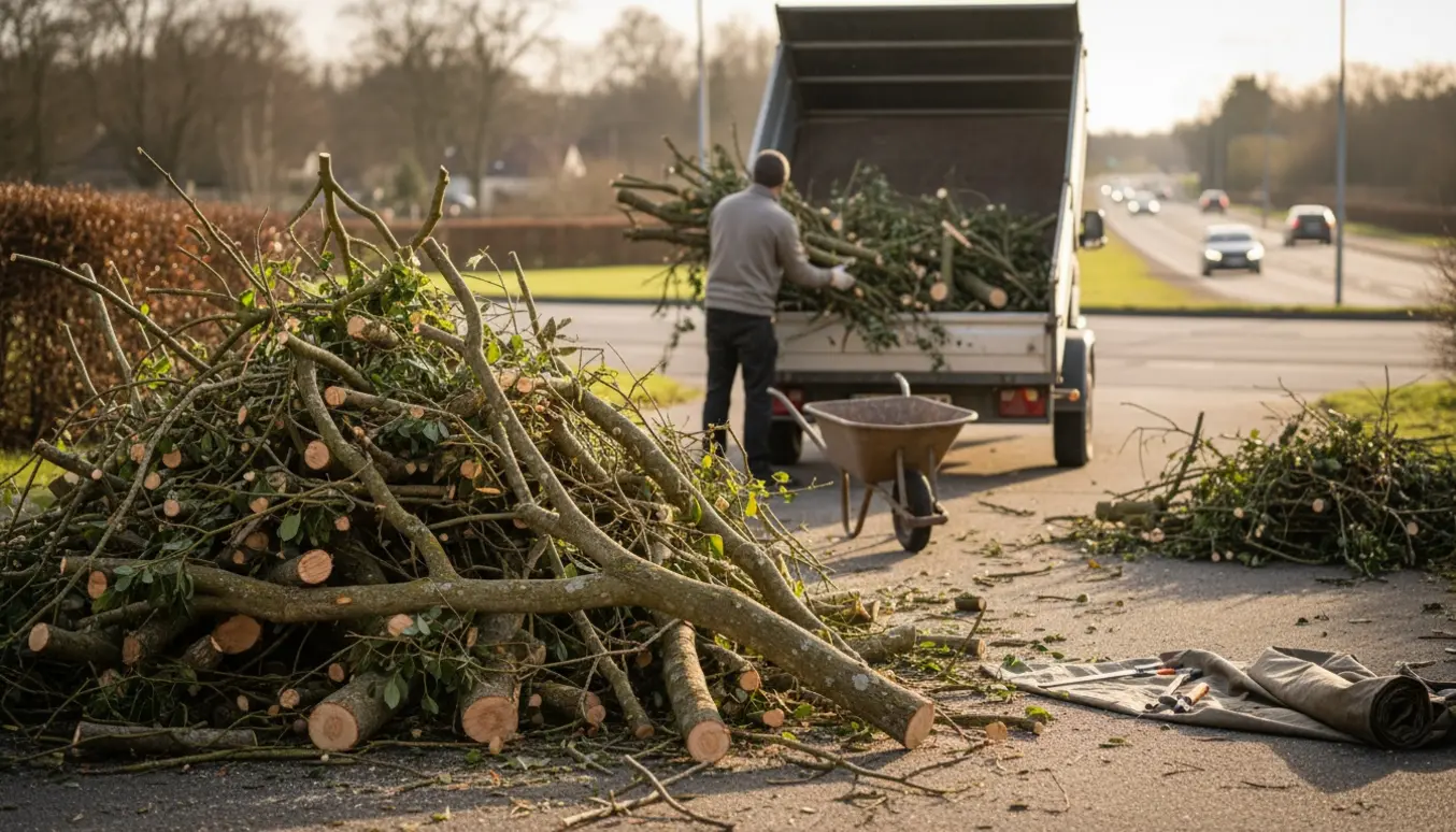 Stor bunke grenaffald i en indkørsel ved hovedvejen under fjernelse med pickup, trillebør og arbejdshandsker i varmt eftermiddagslys.
