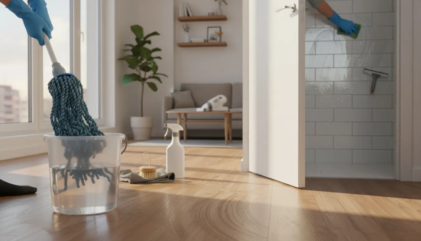 Hænder i gummihandsker mopper gulvet i en lille lejlighed, med rengøringsudstyr og et nypudset badeværelse i baggrunden.