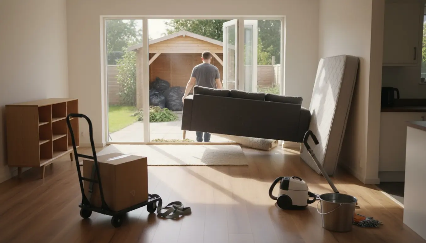Stue under oprydning med hjørnesofa på vej ud, rullet tæppe, flytteudstyr, rengøringsredskaber og et åbent skur med affald i haven.