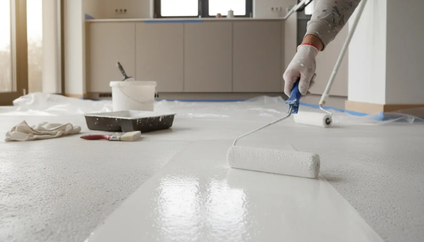 Hvidt betongulv bliver malet med rulle i et lyst rum med køkken, afdækket kanter og malerbøtte ved siden af.