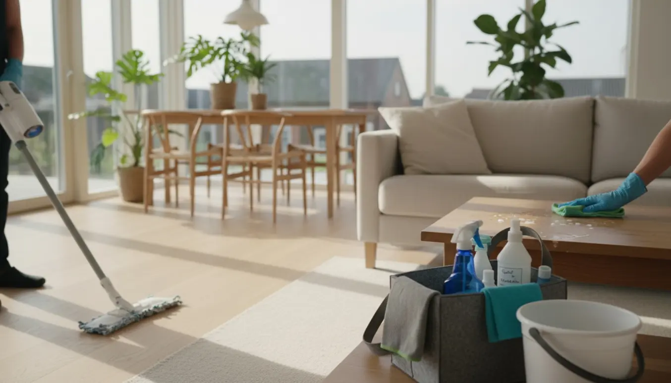 Gloveklædte hænder gør rent i lyst, skandinavisk opholdsrum med rengøringsudstyr i forgrunden.