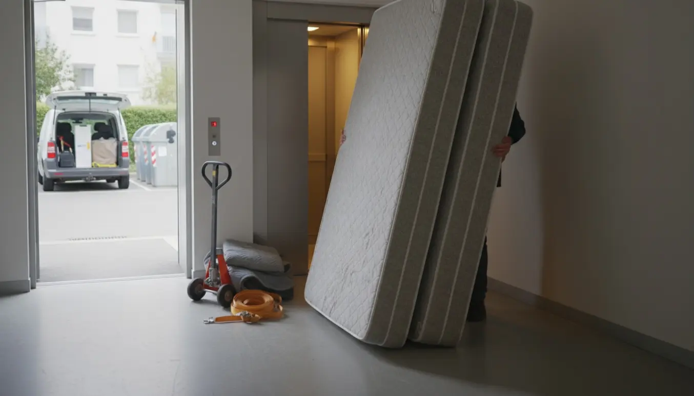 To boxmadrasser bæres i en opgang mod elevatoren på vej til genbrugspladsen.