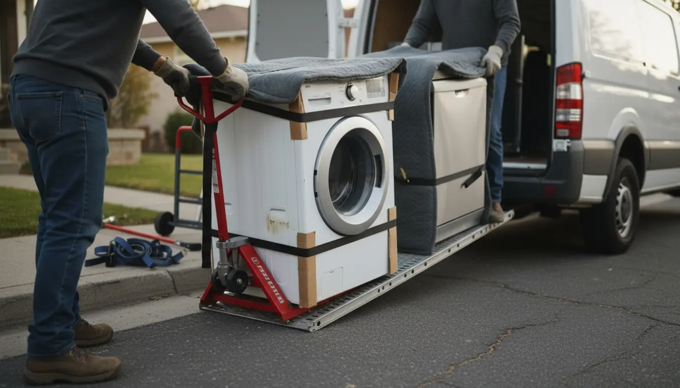 To flyttefolk læsser en defekt vaskemaskine og en opvaskemaskine på en varevogn foran et parcelhus.