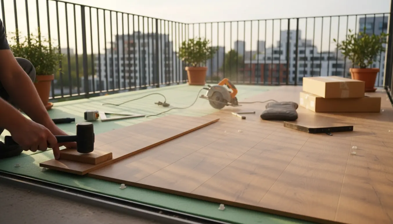 Hænder lægger laminatgulv på en rummelig altan med værktøj og stakke af planker.