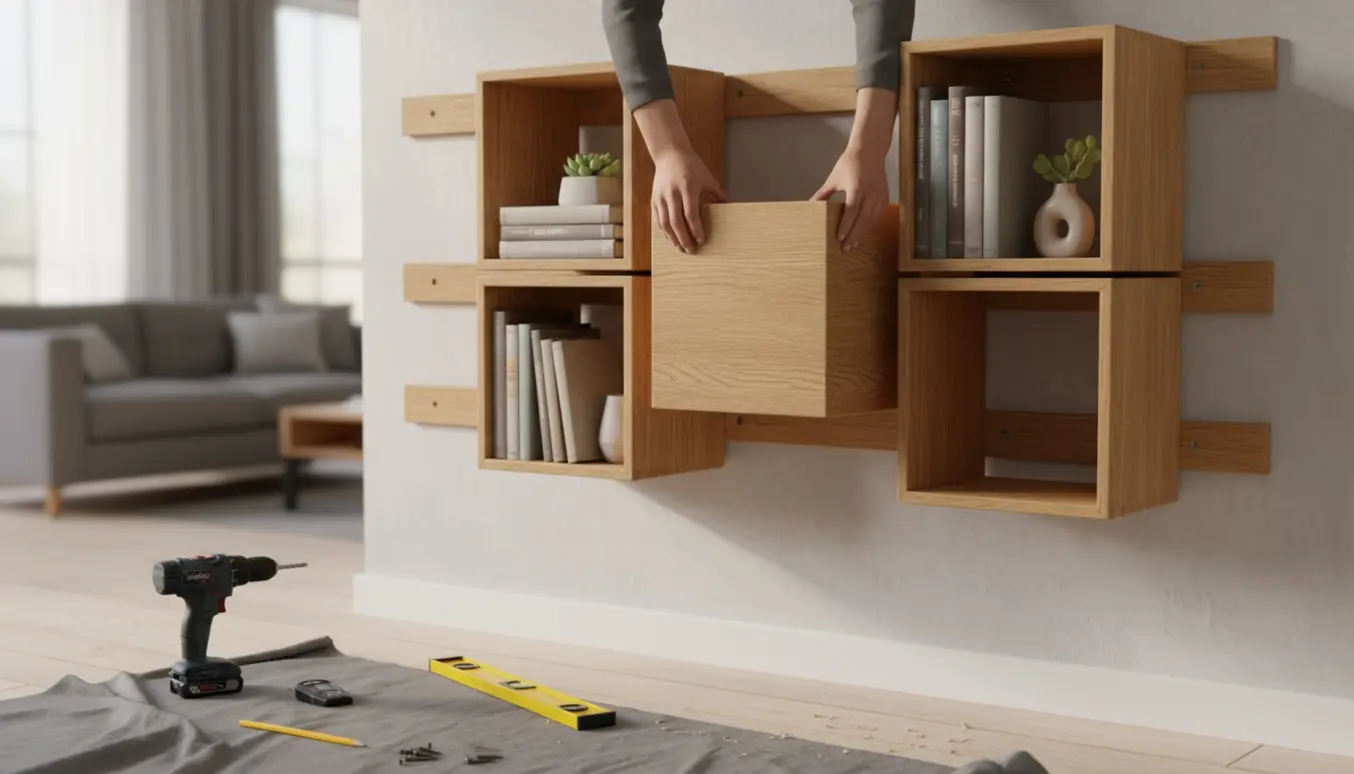 Seks trækasser til bøger monteret på en væg med værktøj og blødt dagslys.