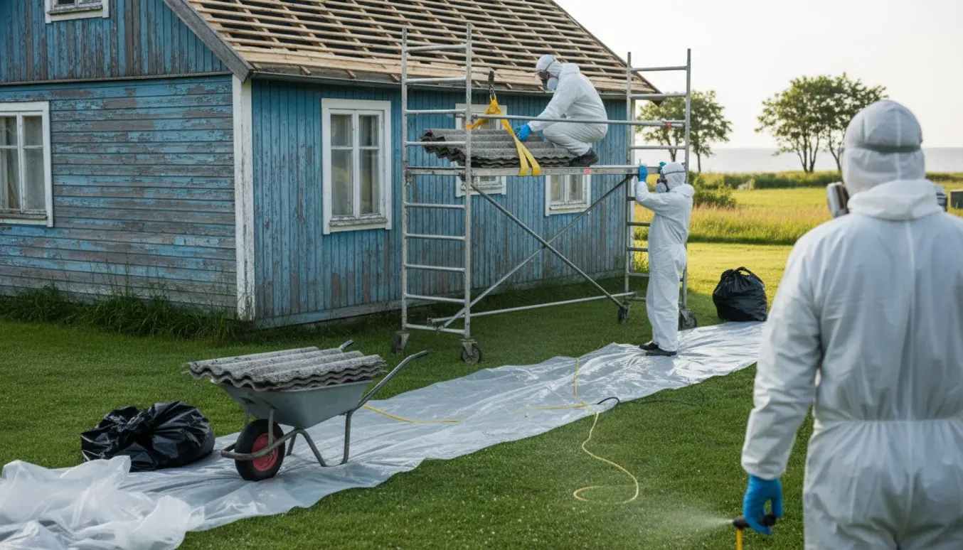 Arbejder i beskyttelsesdragter tager etanit tagplader ned og kører dem i trillebør hen over græsplænen ved et sommerhus.