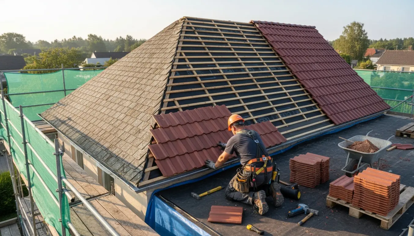 Tagudskiftning på et lille hus med tagarbejdere, materialer og en uændret tilbygning bagved.