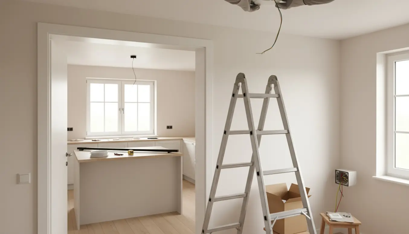 Stige under loft i soveværelse med montering af ny loftlampe, ny kontakt og skinnearmatur klar i køkkenet.