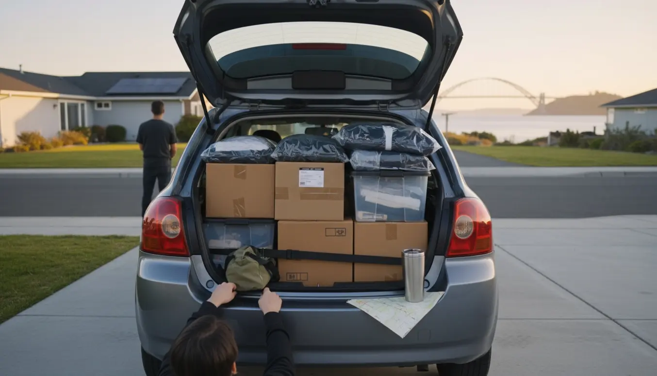 Åben bilbagagerum fyldt med kasser og pakkede tøjposer klar til transport mod Sjælland.