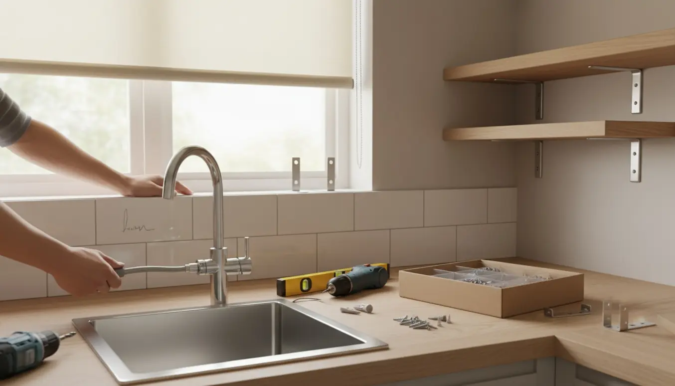 Nærbillede af køkkeninstallation med nyt armatur ved vask, værktøj, rullegardin og hylder klar til montering.