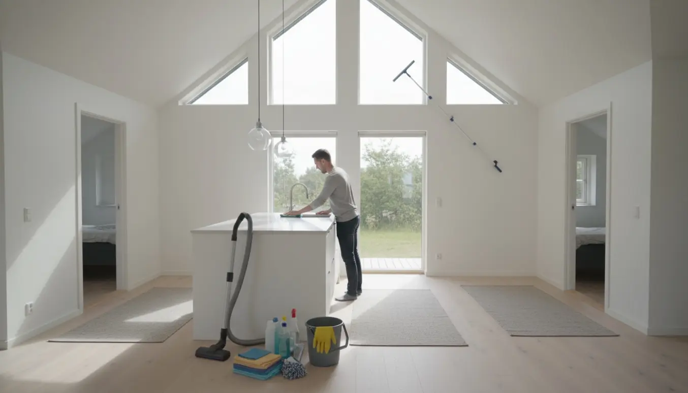 Lyst nyrengjort sommerhusinteriør med åben køkkenalrum, rengøringsudstyr og pudsning af høje trekantede vinduer.