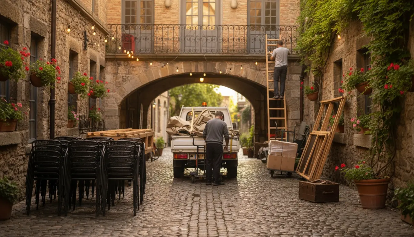 Arbejdere fjerner cafémøbler og en markedsbod fra en historisk brostensgård.