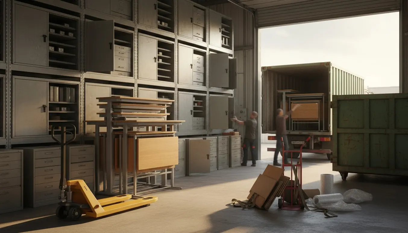 Flere gamle reoler, arkivskuffer og hæve/sænke-borde stablet ved en åben lastkaj klar til affaldssortering.