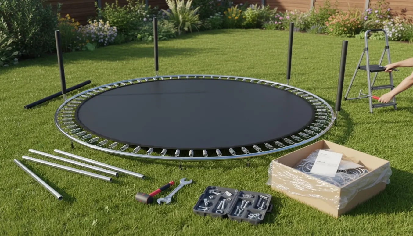 Halvt samlet rund trampolin i en solrig baghave med værktøj, stige og sikkerhedsnet.