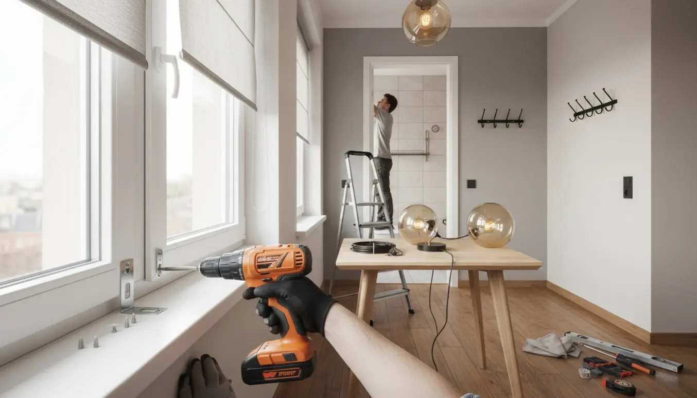 Hænder monterer et rullegardin ved vindue med værktøj, loftlampe og hylde i baggrunden.