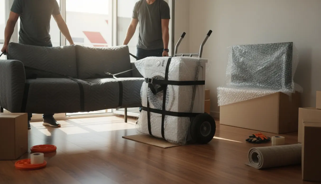 Flyttescene med en indpakket hjørnesofa, en vaskemaskine på en flyttevogn og et indpakket TV i en lys stue.