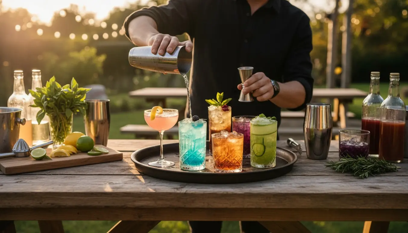 Nærbillede af bartenderhænder, der tilbereder flere farverige cocktails på en træbar i en have til en fest.