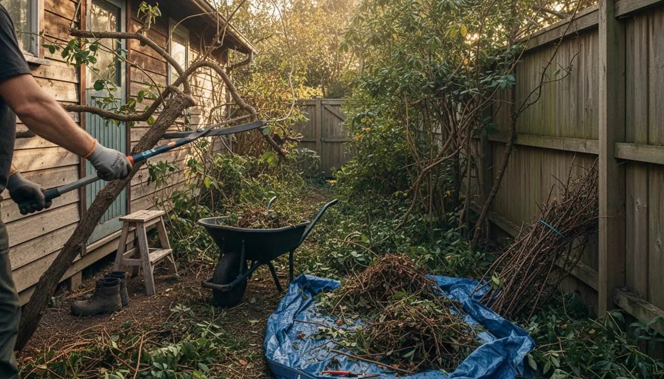 Person beskærer og fjerner gammel beplantning langs husets side med grensakse og trillebør.