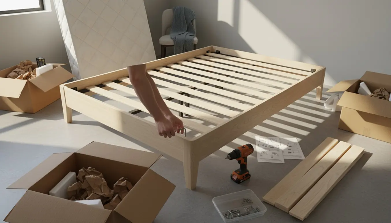 Delvist samlet seng i et lyst soveværelse med værktøj, åbne papkasser og hænder, der spænder bolte.