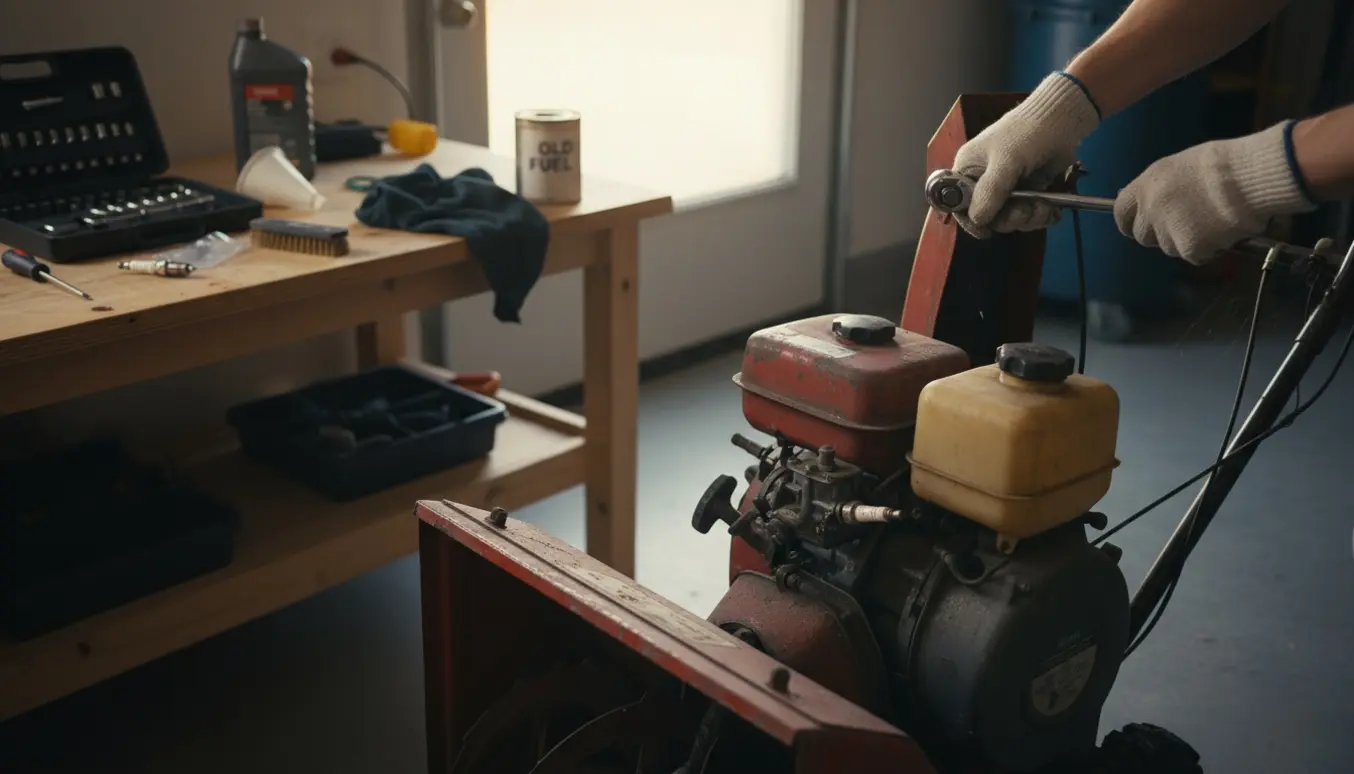 En person arbejder på en gammel sneslynge i et garageværksted med løst tændrør og værktøj på et bord.