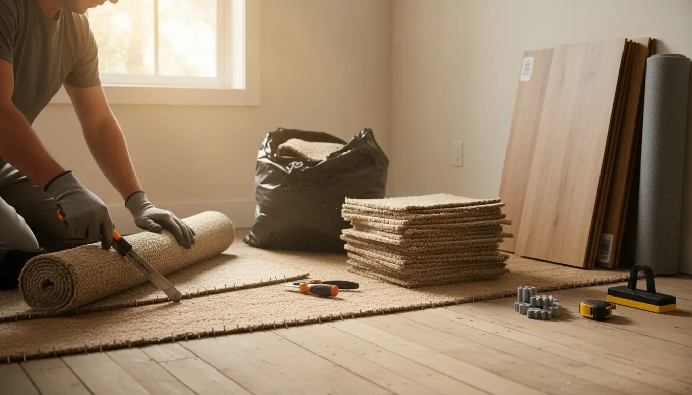 Person fjerner gammelt gulvtæppe i et lyst rum med ruller tæppe, værktøj og stakke af nye klikgulvplanker klar.