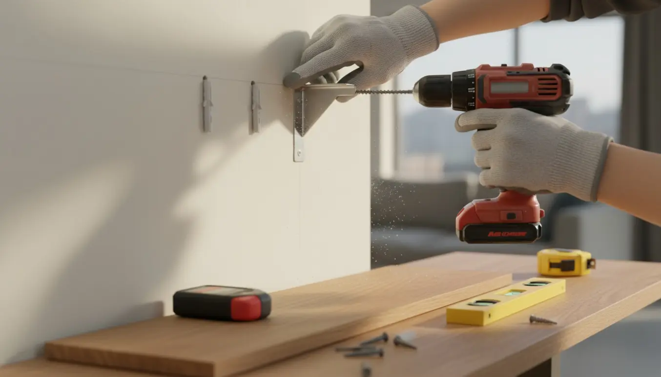 Nærbillede af hænder, der monterer en hylde på en gipsvæg med boremaskine, gipsankre og vaterpas.