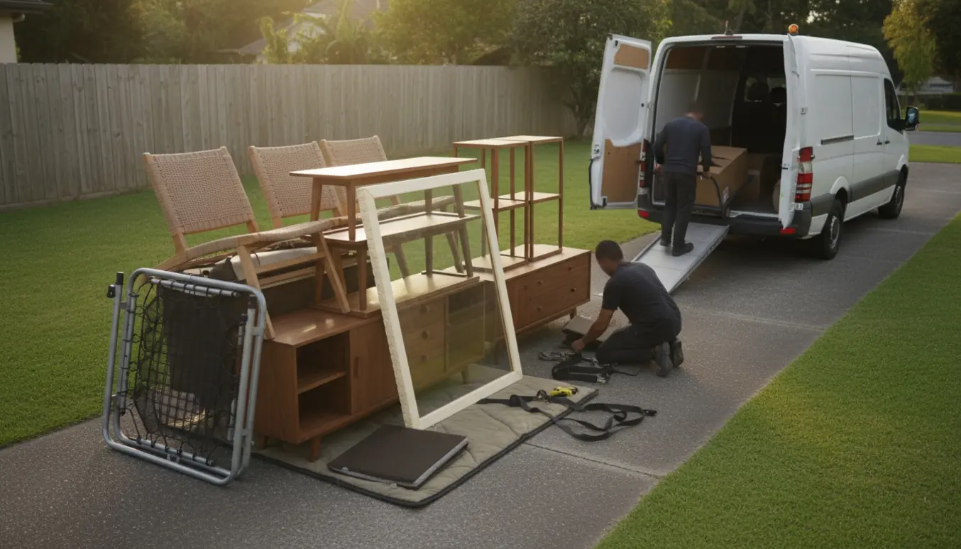 Opstillet bunke af havemøbler, kommode, tv-skænk og en trampolin ved en åben varevogn på en indkørsel, klar til afhentning.