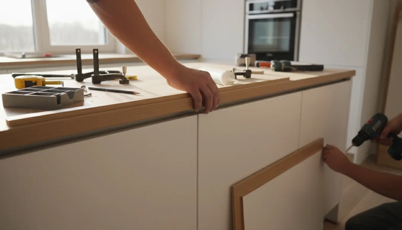 Nærbillede af hænder, der monterer kantliste på en lys træbordplade og lukker sokkel i et hvidt køkken.