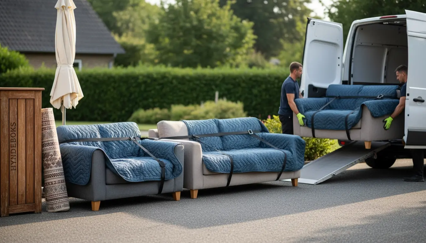 Flyttehold læsser sofaer, en hyndeboks, parasol og et rullet tæppe på en kassevogn foran et hus.