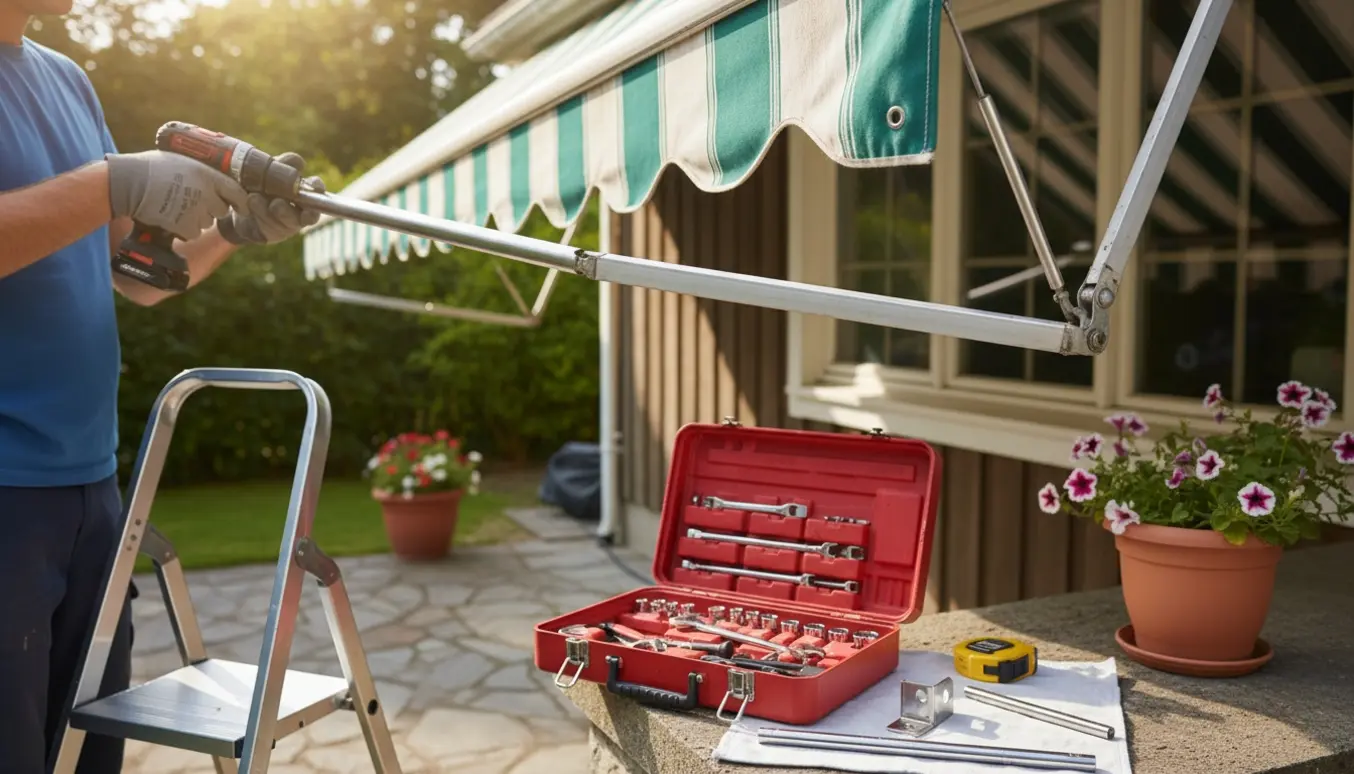 Tekniker reparerer højre metalstang på en markise ved huset med værktøj i fokus.