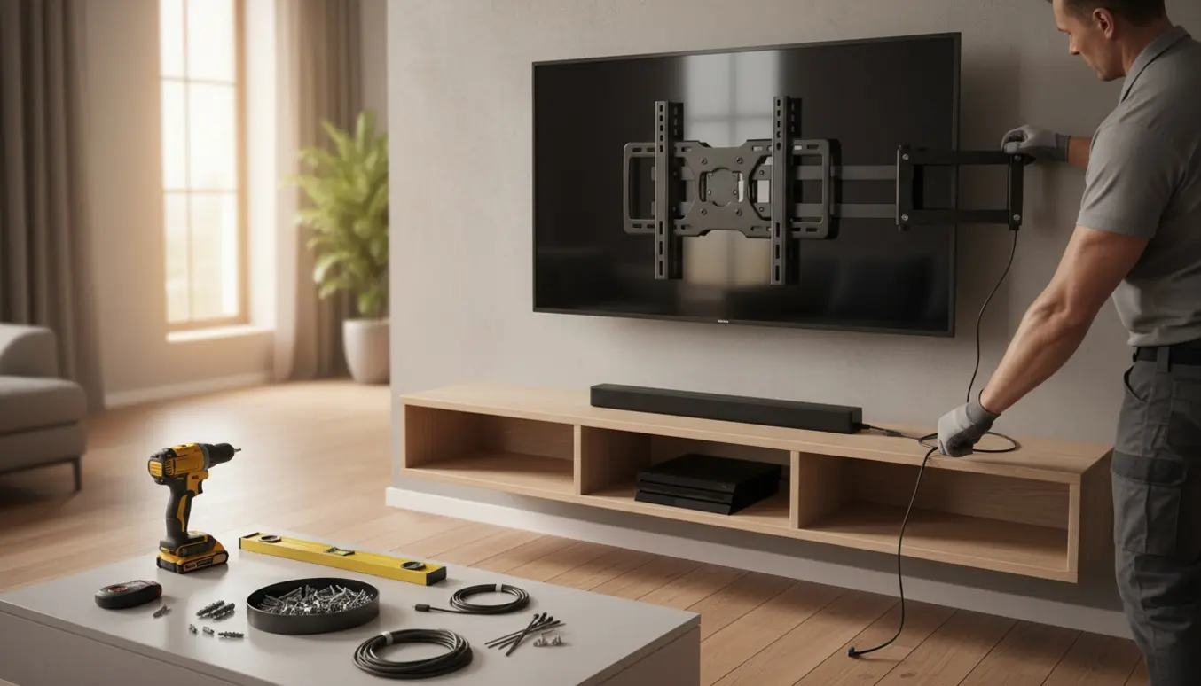 Montering af et stort Smart TV på udtræksbeslag med soundbar og spillekonsol i en moderne stue.