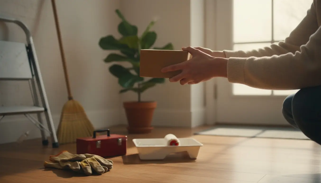 To par hænder flytter en lille kasse i morgensol ved en indgang med handsker og lette værktøjer.