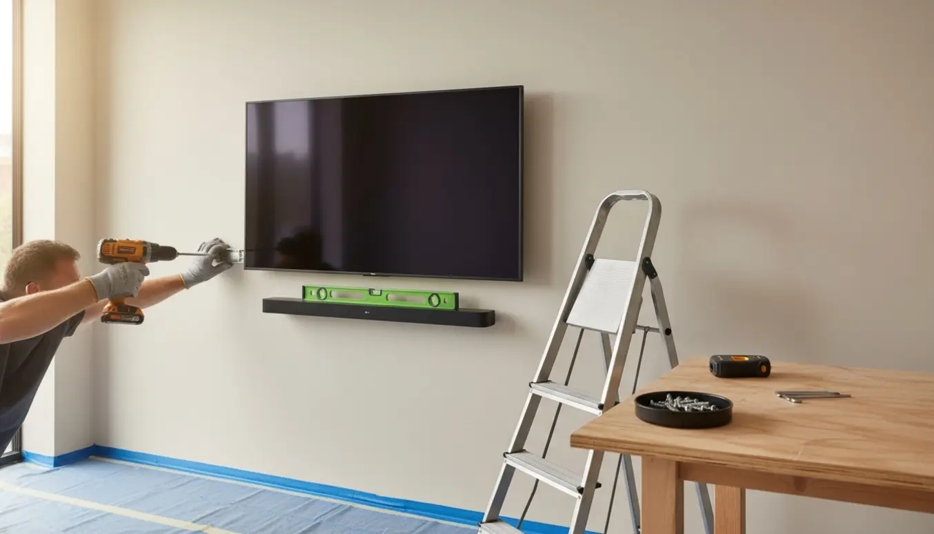 Et 65" TV og en soundbar monteres på en nybygget væg med værktøj og otte skruer lagt frem.