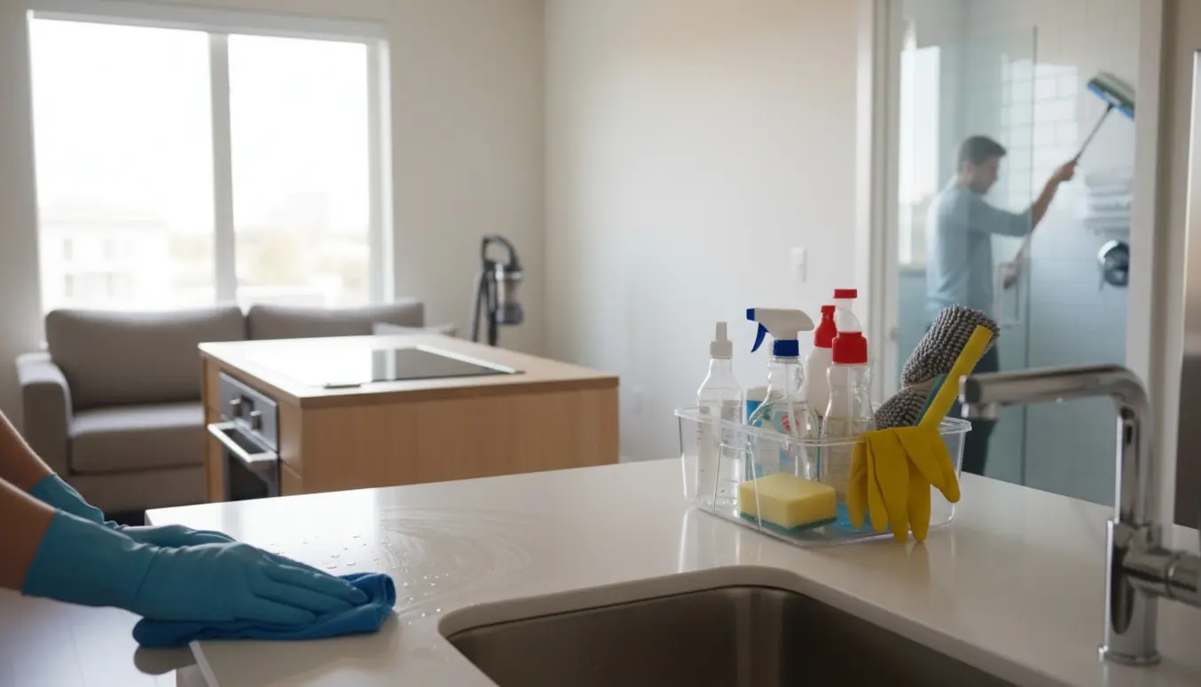 Solbelyst lejlighedskøkken med rengøringsudstyr i forgrunden og et åbent badeværelse under rengøring.