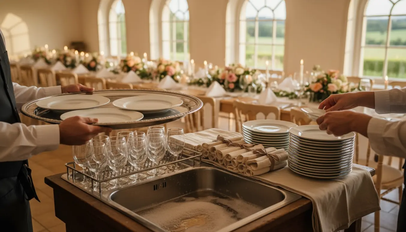 Serveringshjælp rydder borde og vasker service op til en bryllupsreception, fokus på hænder og fade.